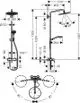 Hansgrohe Duschsystem mit einer Kopfbrause und einem Handbrauseanschluss. Enthält Maße und technische Details zu Montage und Funktionen in schematischer Darstellung.